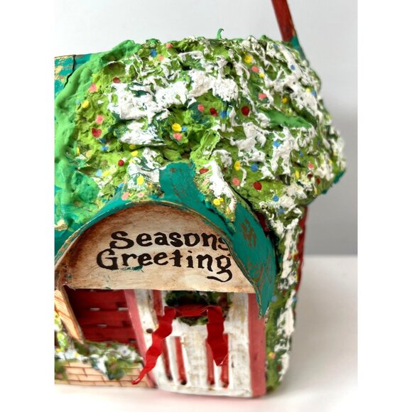 Hand-Painted Holiday Basket Cottage Design Wicker & Wood, Plaster Of Paris - Picture 3 of 8